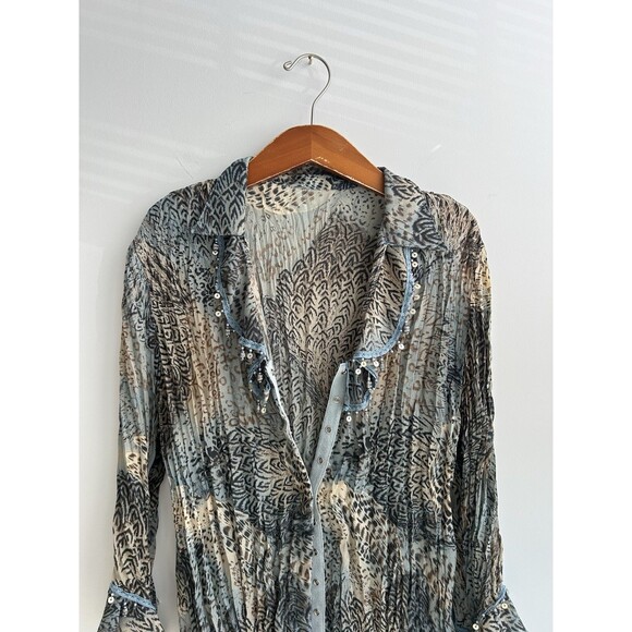 Vintage Y2K Pleated Fairy Button Up Sz M/L Bell Sleeve Cheetah Whimsy Sequins - Picture 3 of 10